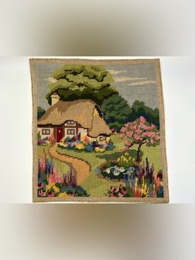 Vintage English Cottage Needlepoint: 1950s Tapestry Wall Decor (12” square)